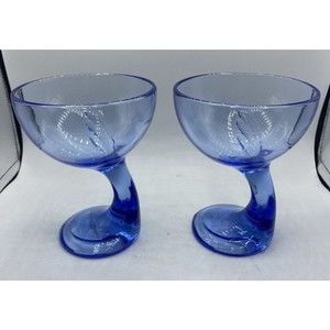 Set Of 2  Bormioli Rocco Italy Jerba Blue Glasses Goblets Curved Stem Offset
